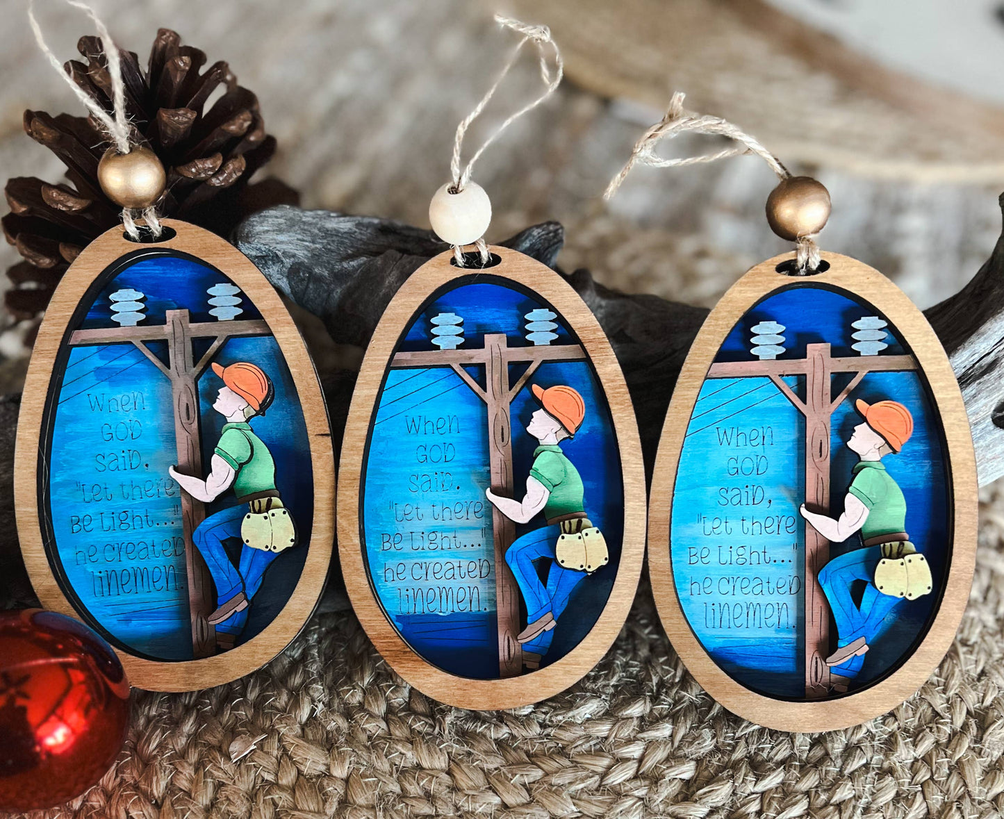 Lineman Hand Painted Wood Christmas Tree Ornament