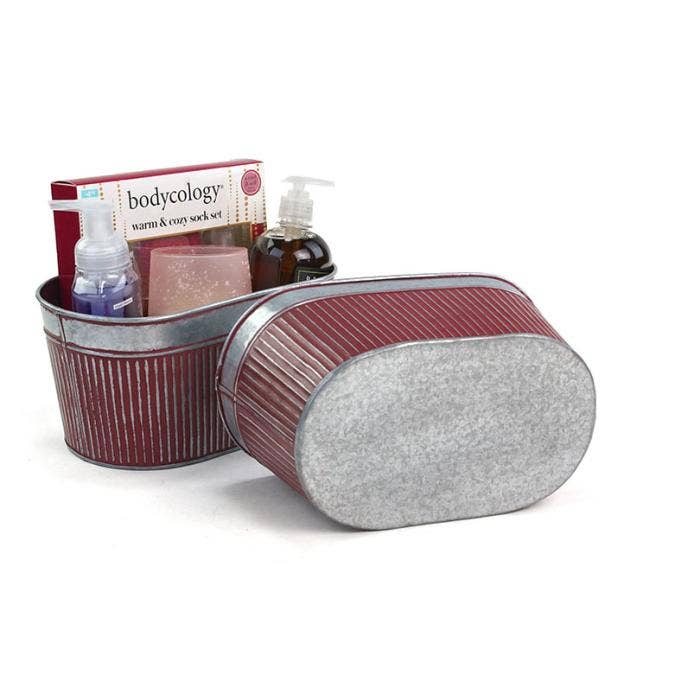11 inch Ribbed Oval Tin with Dark Red patina