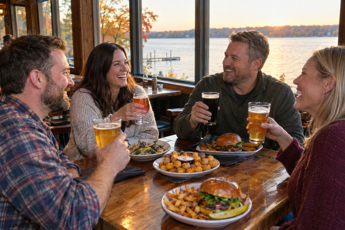 Friends dining at a Lake Country lakeside pub