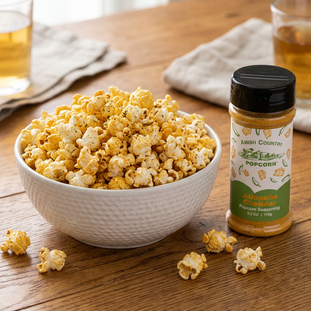 Bowl of freshly popped popcorn tossed in Jalapeño Cheddar Popcorn Seasoning, beside the Amish Country Popcorn shaker jar