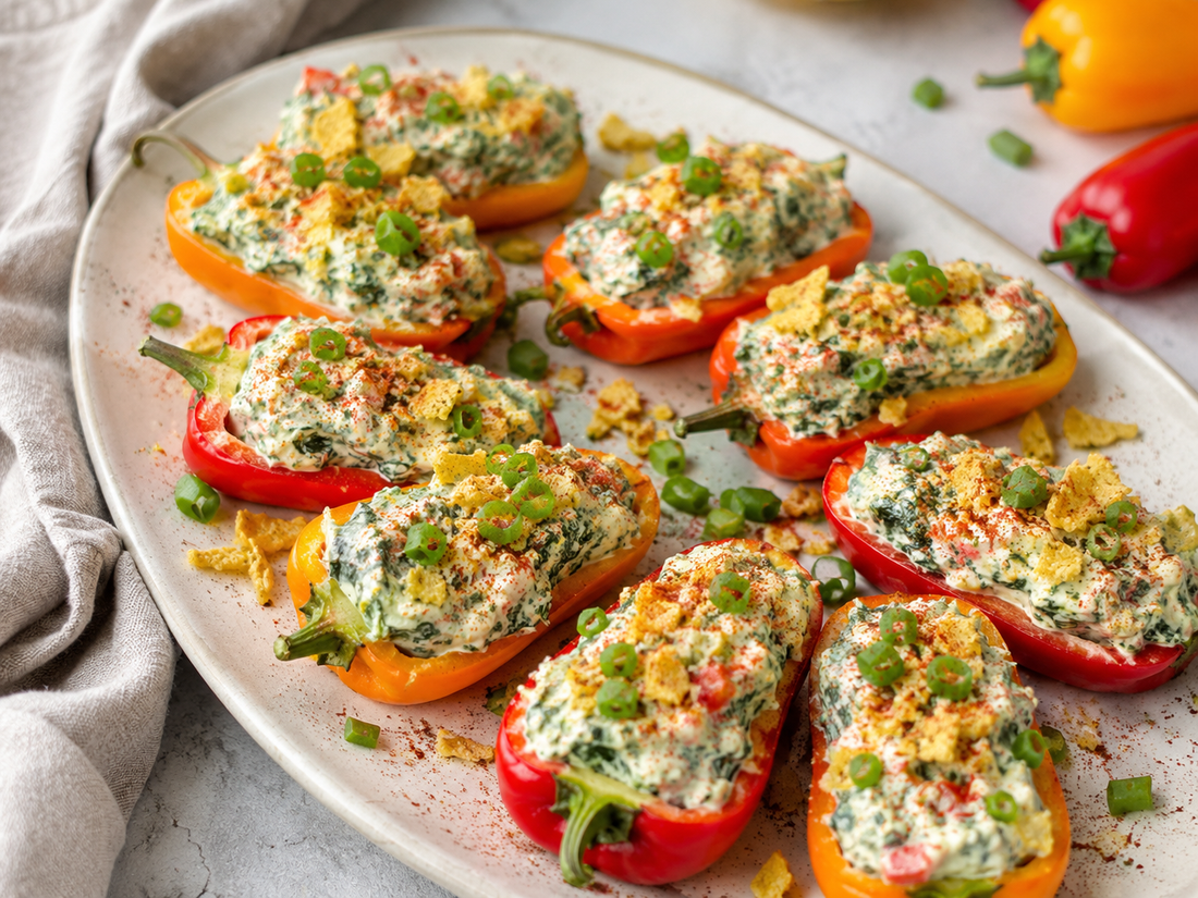 Fiesta Spinach Dip Stuffed Mini Peppers made with Carmie's Fiesta Spinach Dip Mix — a colorful late-summer appetizer