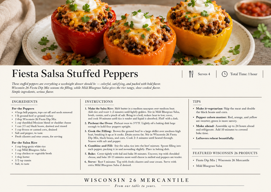 Fiesta Stuffed Peppers with Mild Bluegrass Salsa Rice