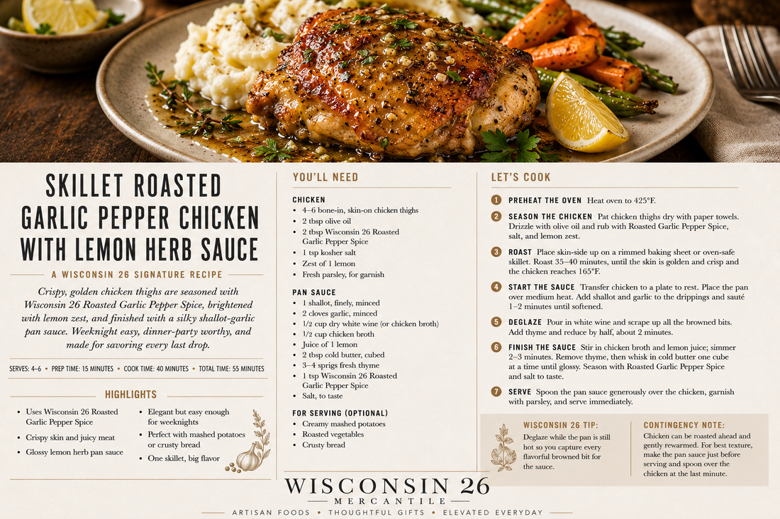 Skillet Roasted Garlic Pepper Chicken with Lemon Herb Sauce