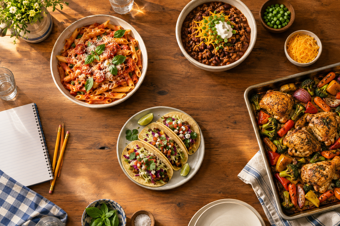 Back-to-school weeknight dinner spread with pasta, chili, tacos and roasted chicken