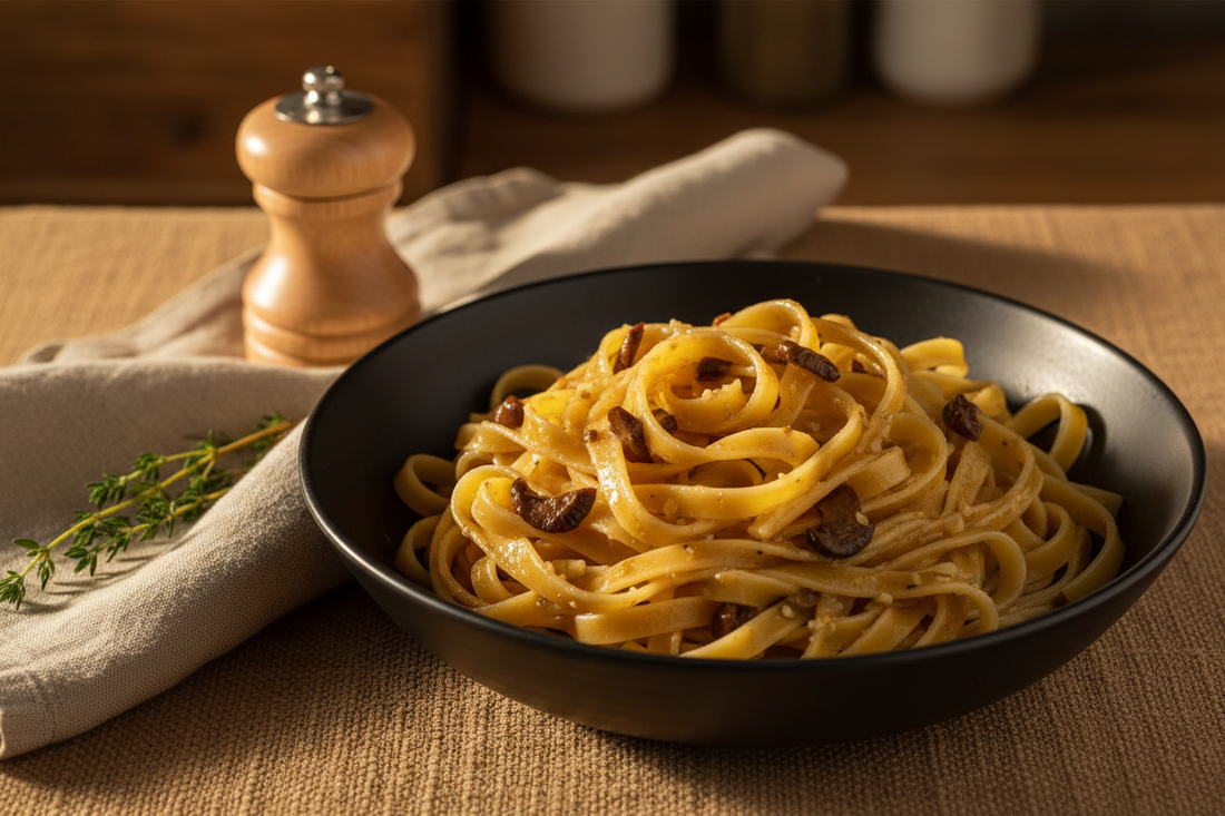 Black Garlic & Brown Butter Mushroom Fettuccine