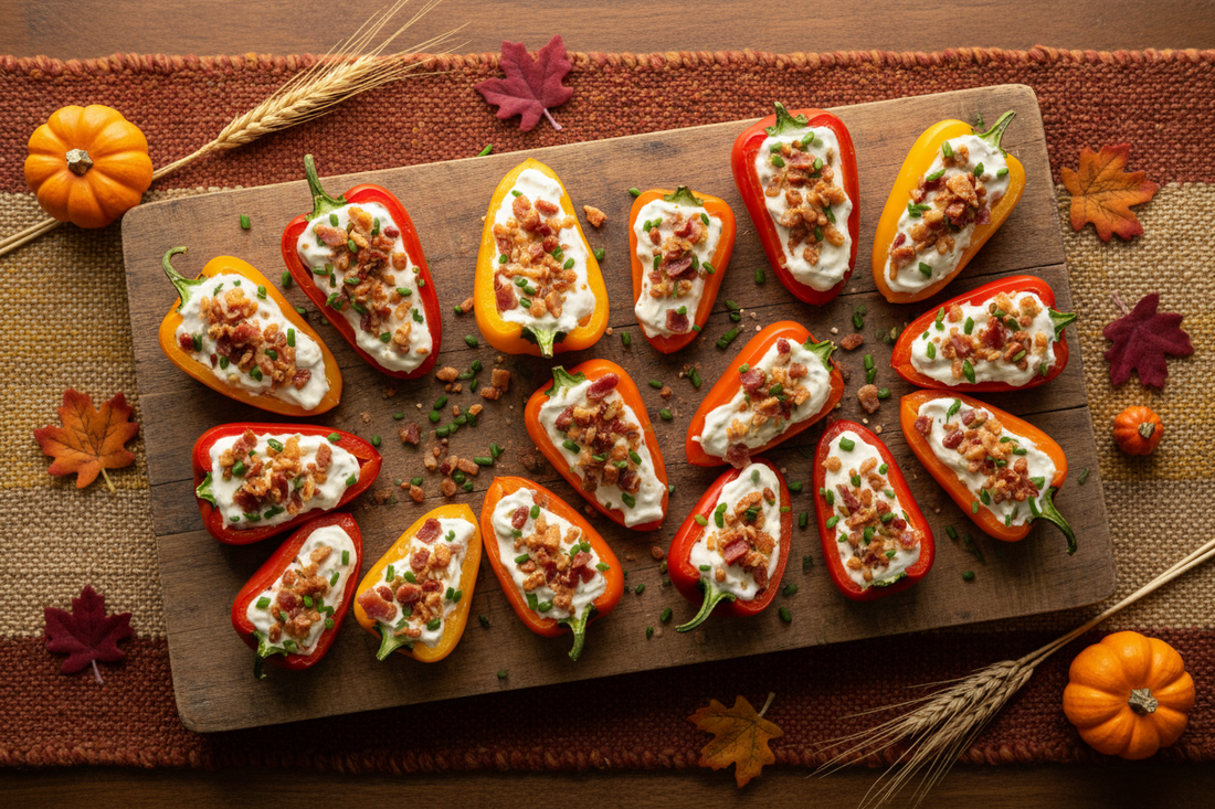 Colorful mini sweet peppers stuffed with creamy BLT dip, topped with crumbled bacon and fresh chives on a wooden serving board