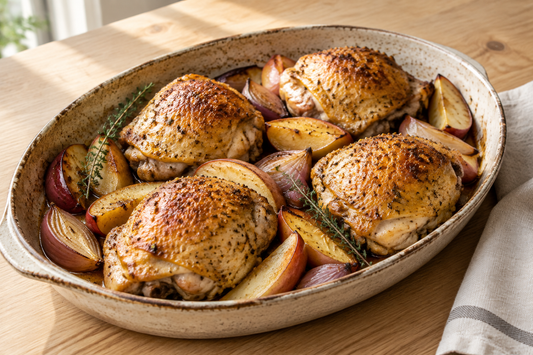 Bourbon-Maple Roast Chicken with Apples & Shallots