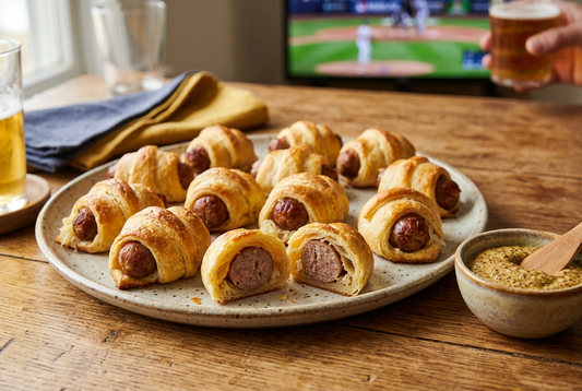 Golden crescent-wrapped brat and sauerkraut bites on a platter with a bowl of beer mustard for dipping