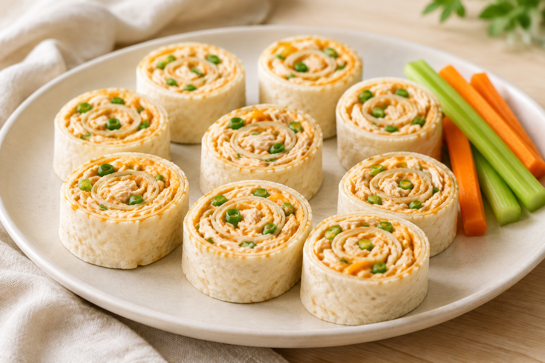 Buffalo Ranch chicken tortilla pinwheels with cheddar and green onion on an ivory platter.