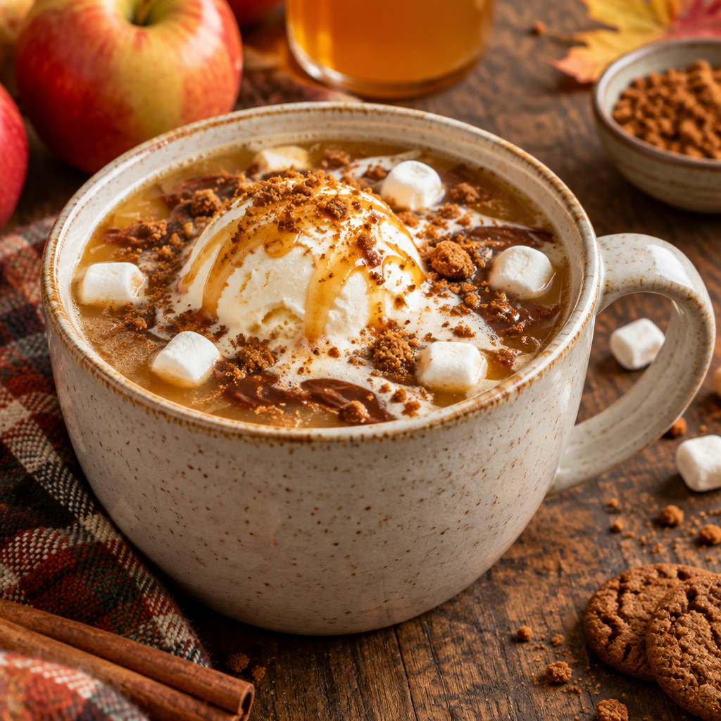 Caramel apple cider chocolate bomb float with vanilla ice cream, marshmallows, caramel and gingersnap crumbs