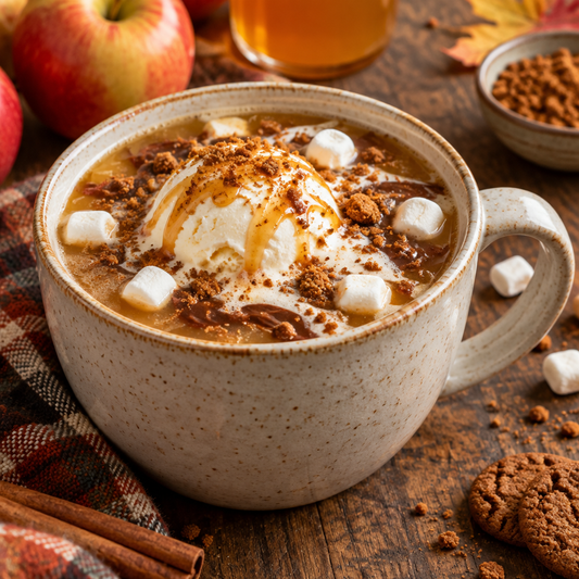 Caramel apple cider chocolate bomb float with vanilla ice cream, marshmallows, caramel and gingersnap crumbs