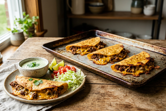 Crispy beef and cheese tacos on a sheet pan with creamy jalapeño dipping sauce, lime wedges, and fresh toppings