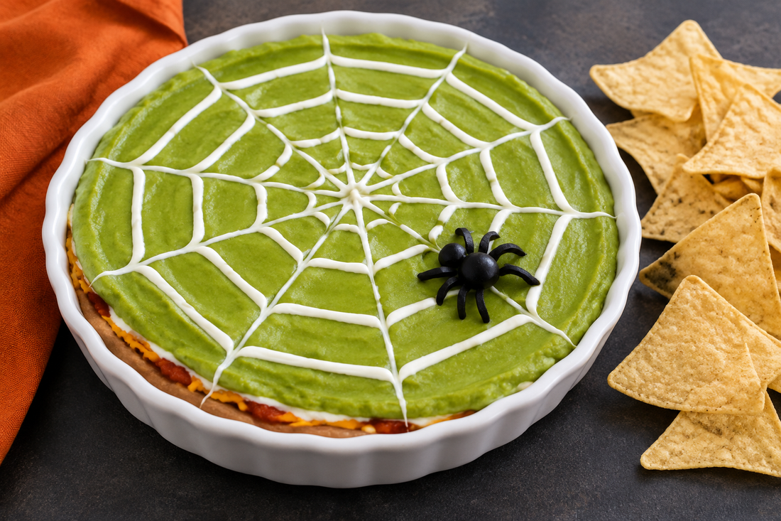 Halloween Spiderweb Taco Dip with Bluegrass Salsa