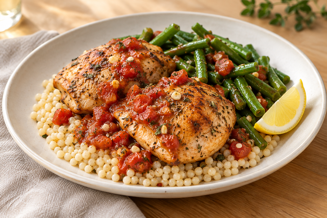 Mediterranean Chicken Thighs with Pearl Couscous & Green Beans