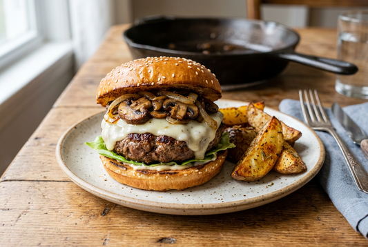 Mushroom Swiss burger with melted cheese, browned mushrooms and onions on a toasted bun, served with potato wedges