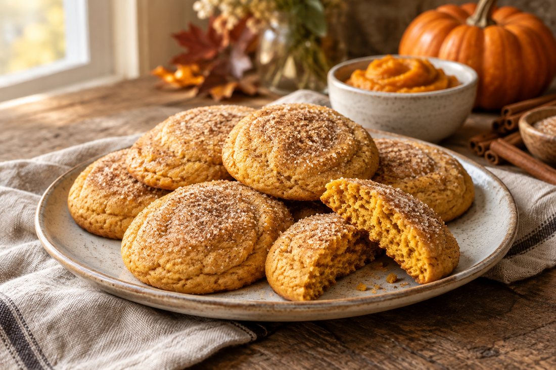 Pumpkin sugar cookies on a ceramic plate.