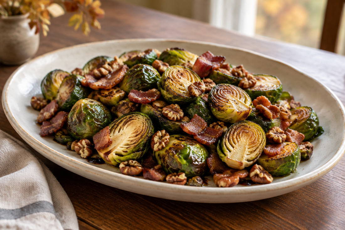 Crispy Brussels Sprouts with Bacon, Pecans & Aged Balsamic