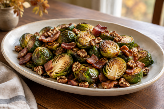 Crispy Brussels Sprouts with Bacon, Pecans & Aged Balsamic