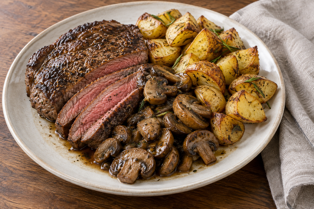 Skillet Steak with Whiskey-Pepper Mushrooms & Crispy Rosemary Potatoes