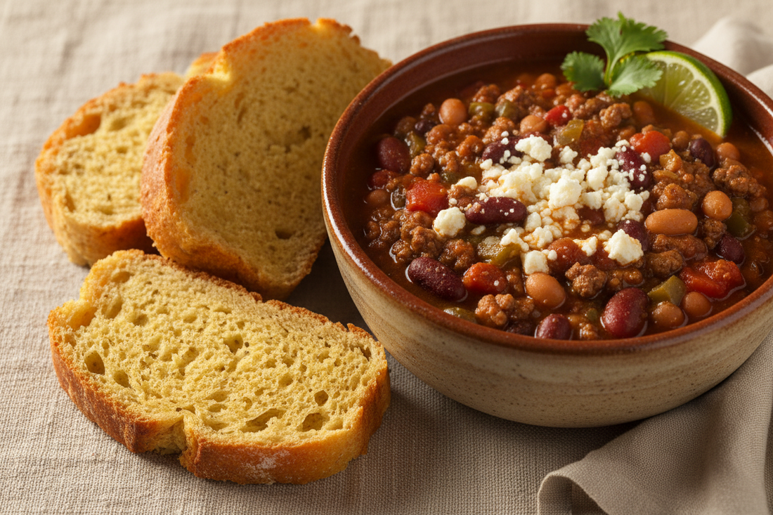 Smoky Three-Bean Chili with Hatch Green Chile Cheddar Soberdough