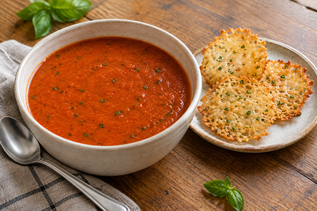 Garlic & Chive Parmesan Crisps with Carmie’s Tomato Basil Soup