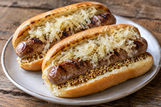 Wisconsin Beer Brats with Birdy’s Mustard & Sauerkraut