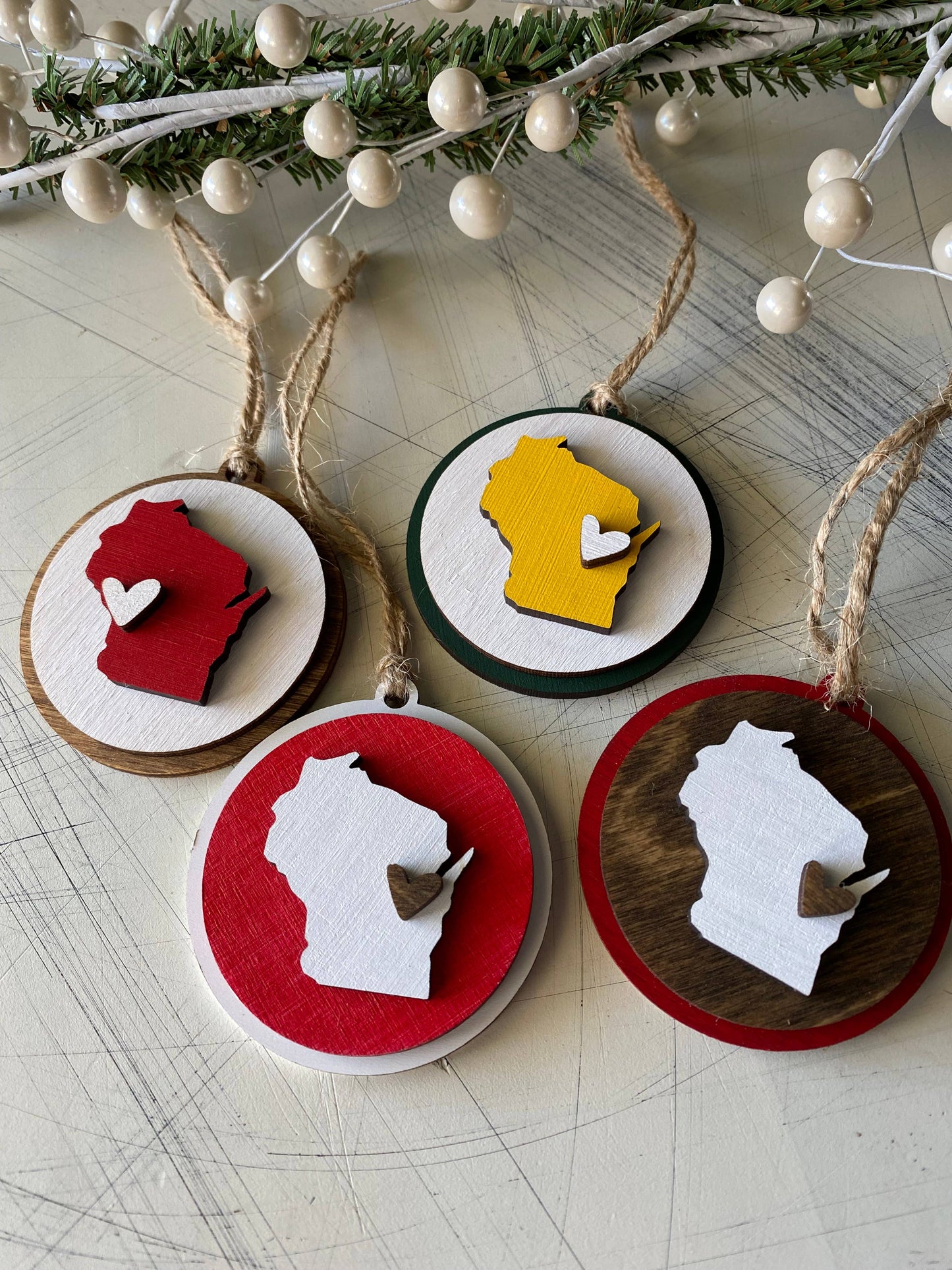 Handmade Wisconsin small round ornament with heart