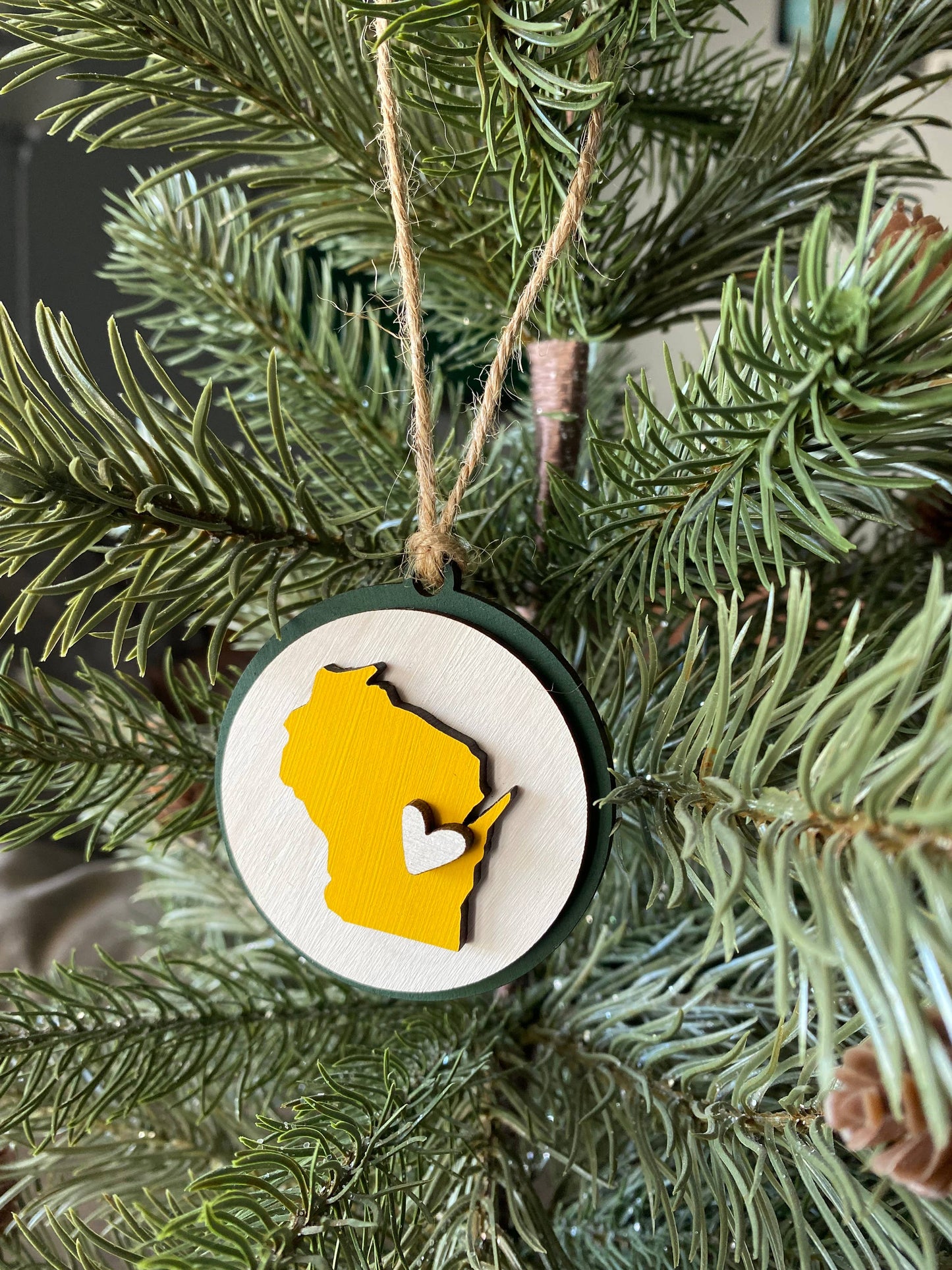 Handmade Wisconsin small round ornament with heart