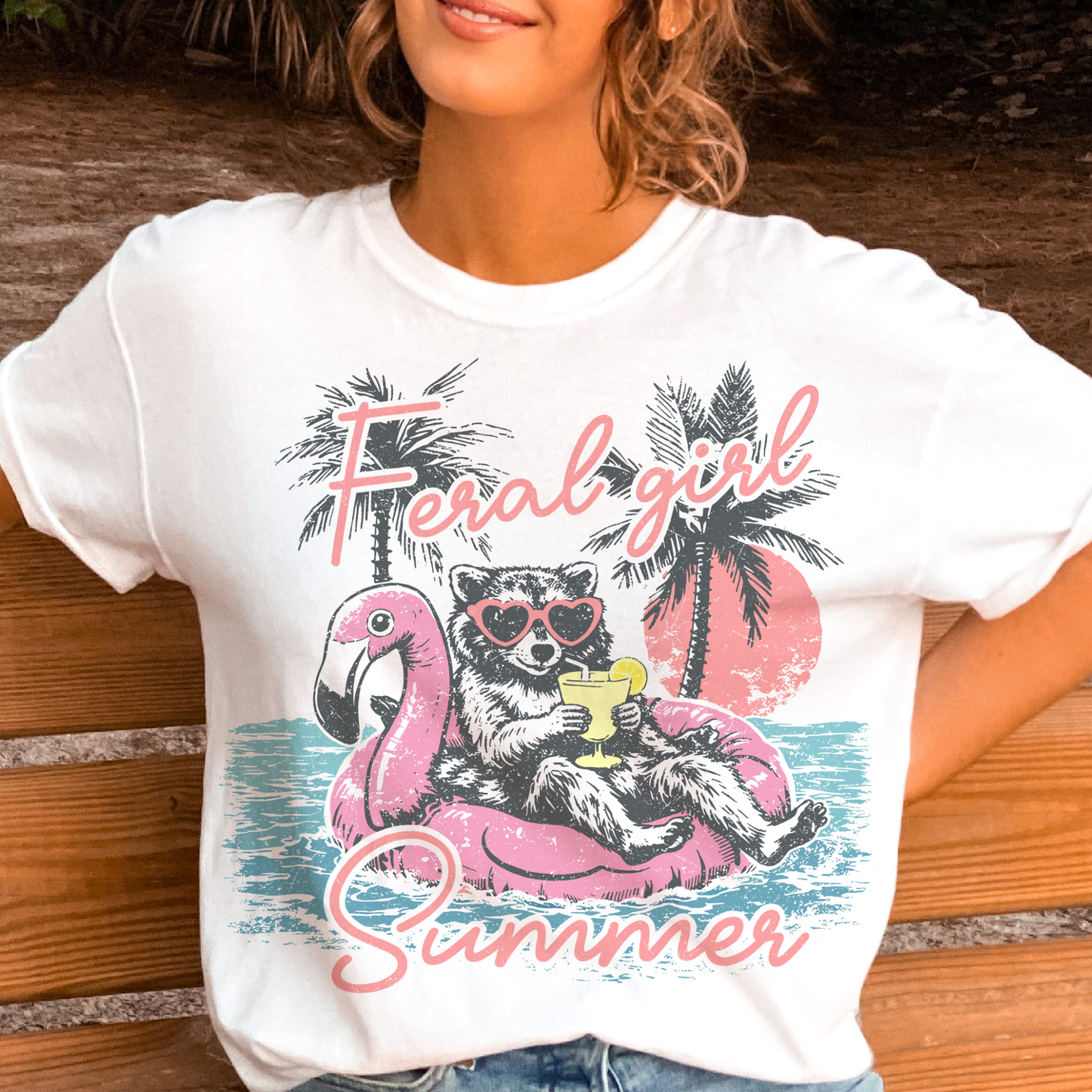 Feral Girl Summer Raccoon Pool Beach Vacation Graphic Tee