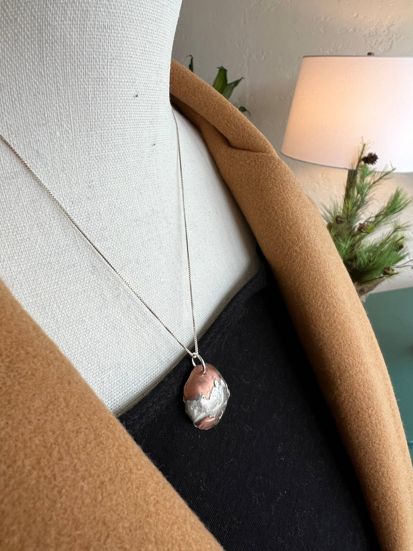 Inverted Copper Bowl Pendant with Splash on Sterling
