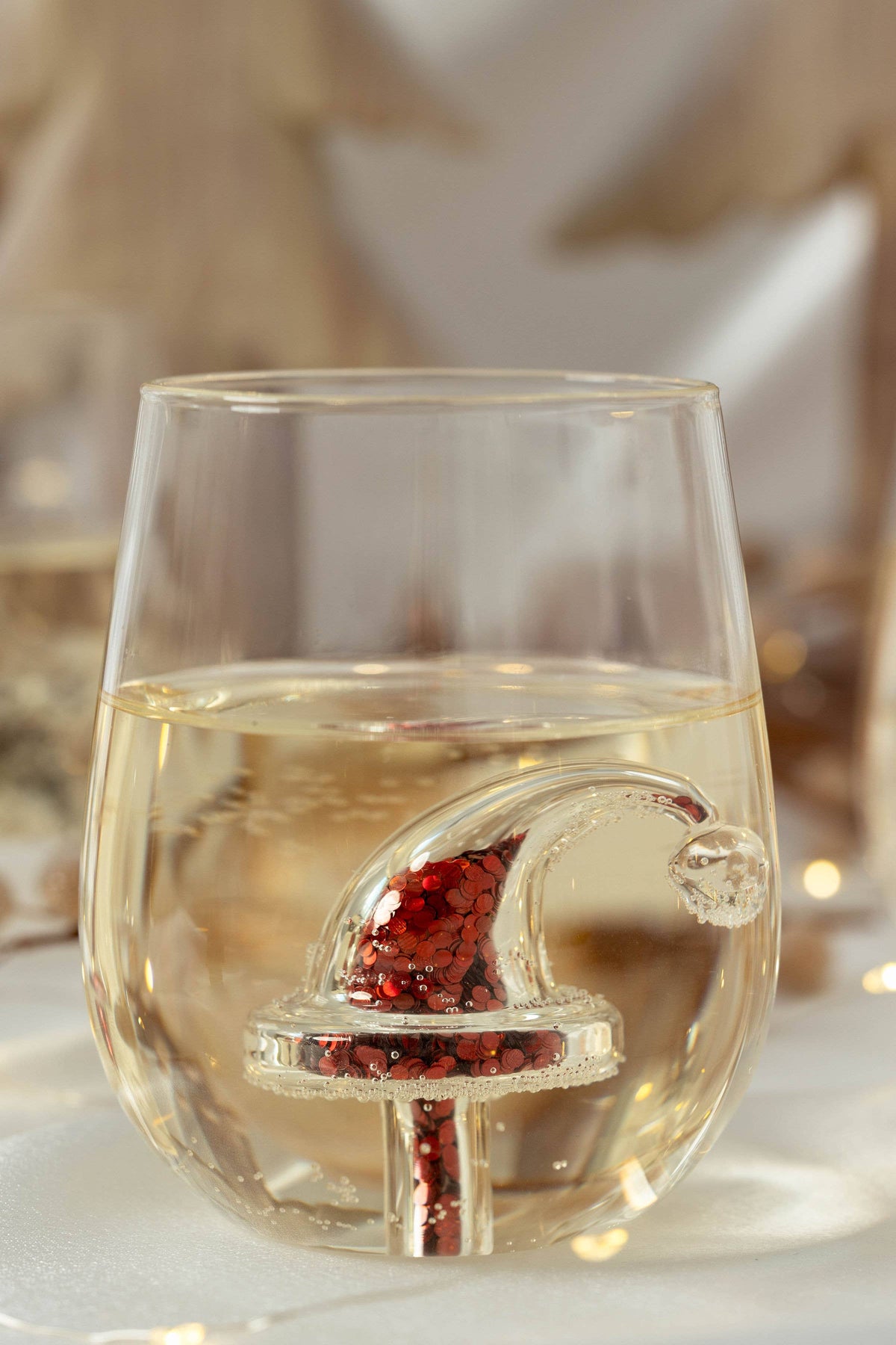 JF Glitter Christmas Santa Hat Stemless Wine Glass, Set of 4