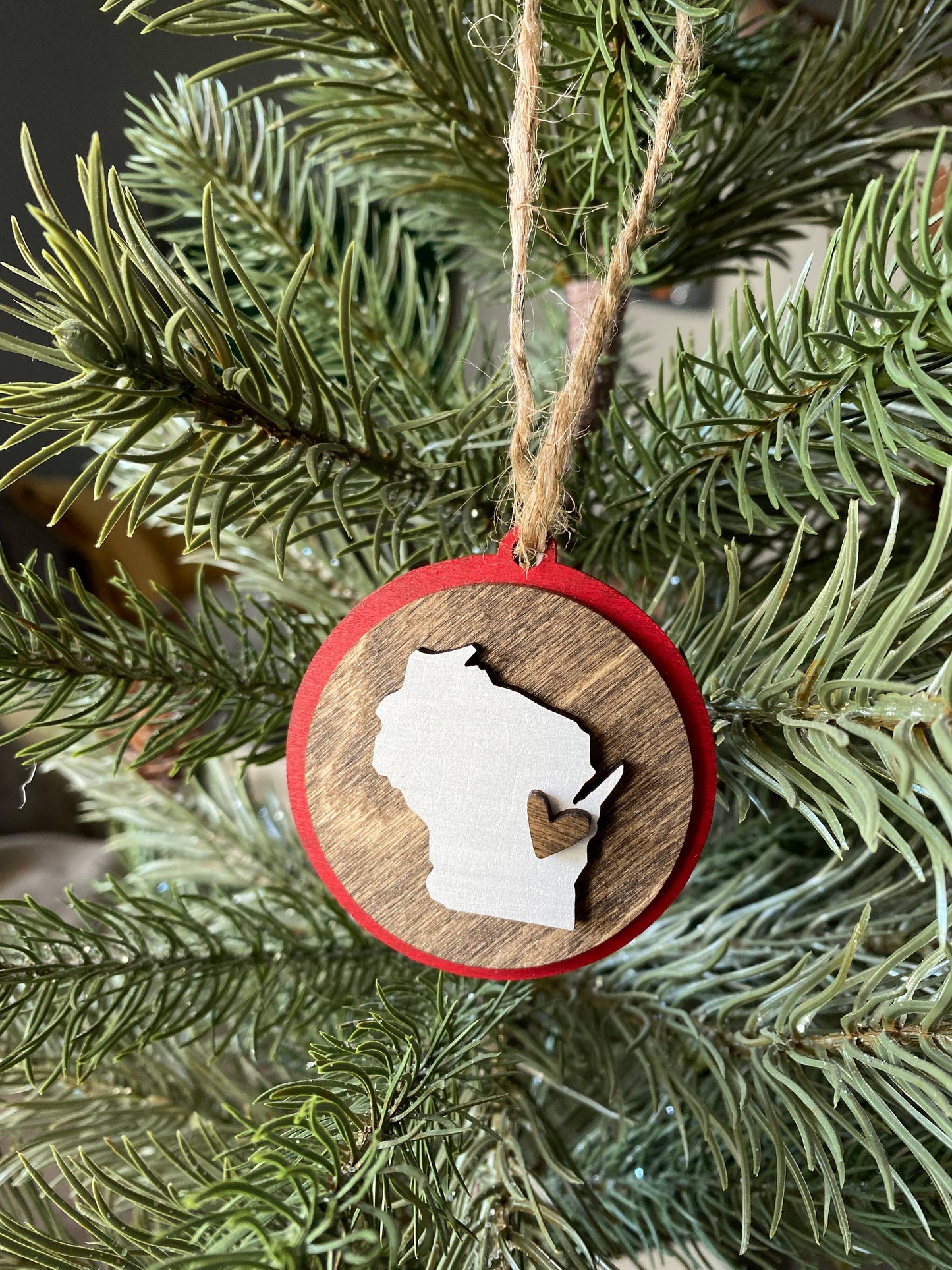 Handmade Wisconsin small round ornament with heart