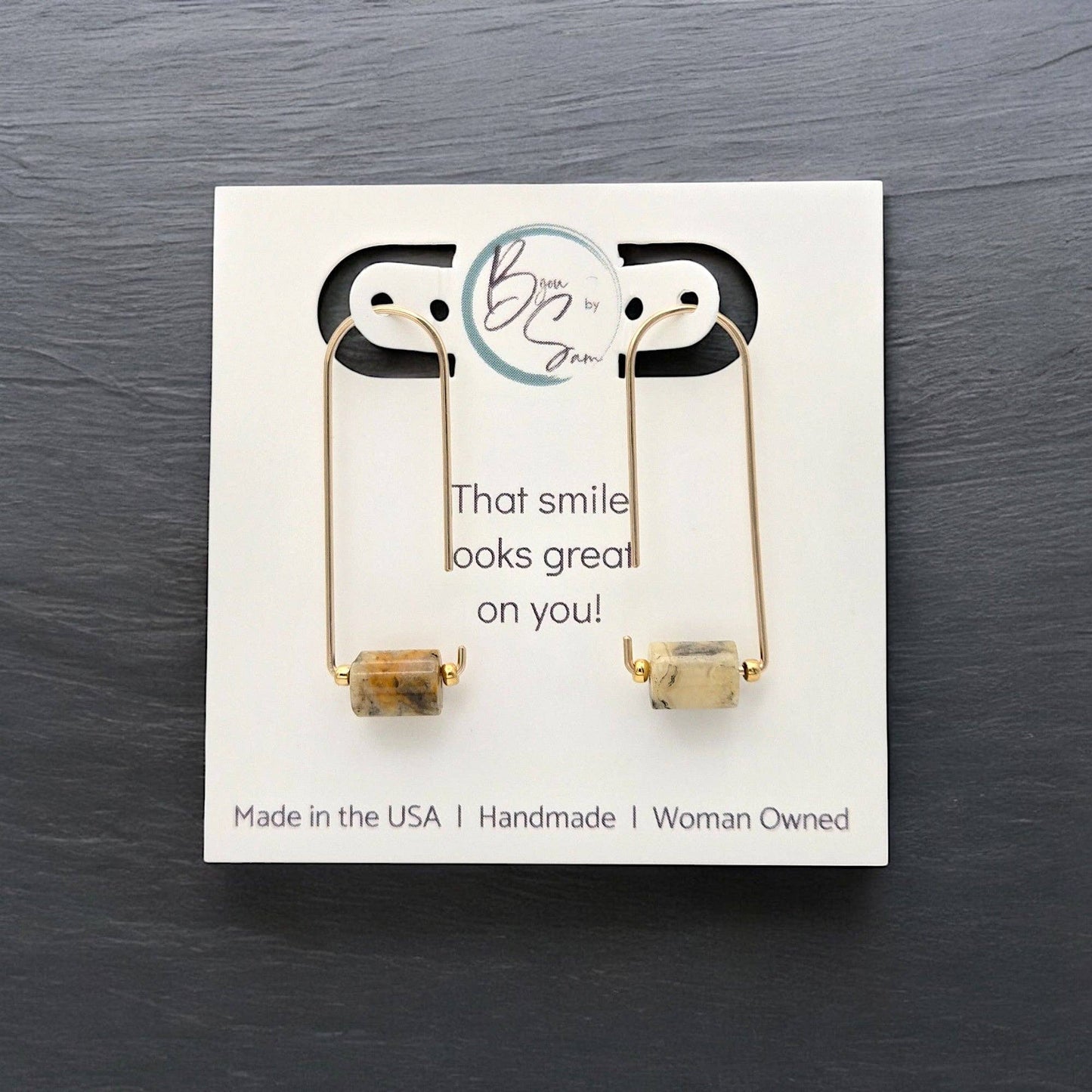 Handmade Gold Arc Threader Earrings with Crazy Lace Agate