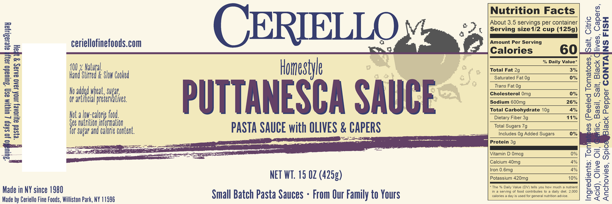 Ceriello Homemade Puttanesca Sauce | Tomato, Olive & Caper, 15 oz