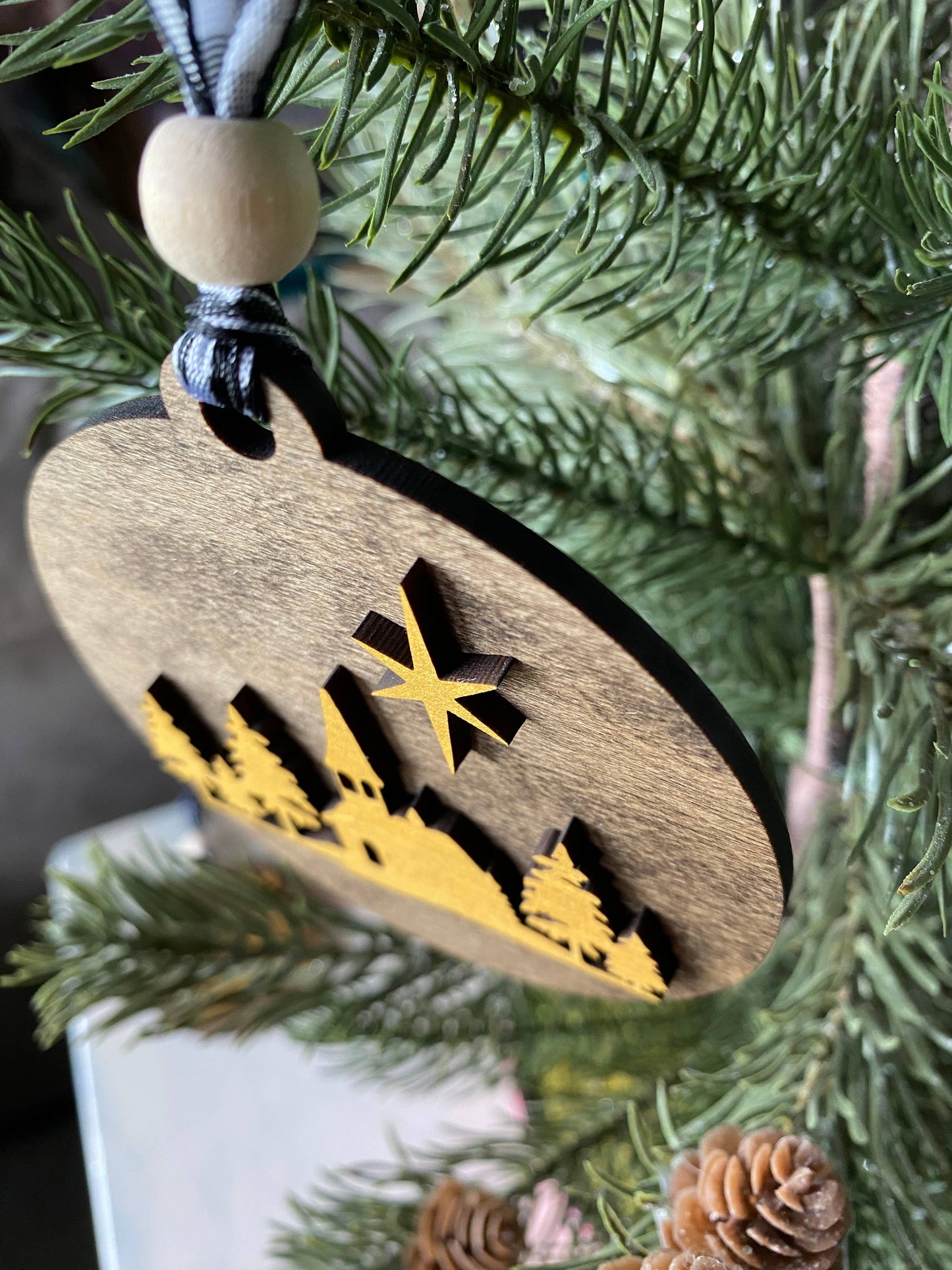 Handmade church scene ornament in mocha and gold