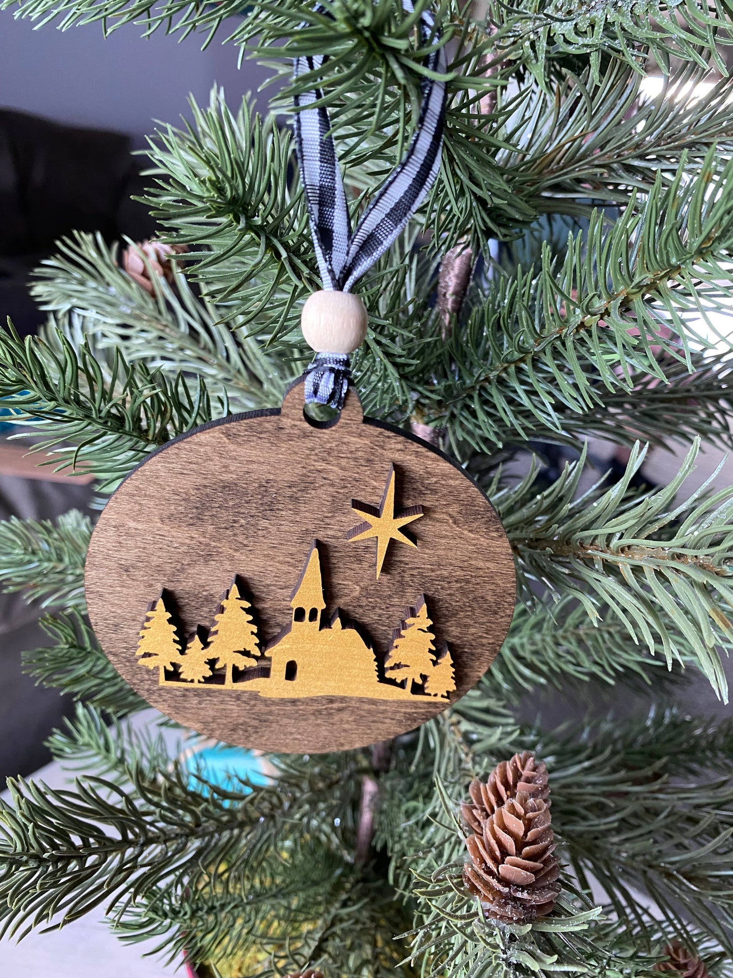 Handmade church scene ornament in mocha and gold