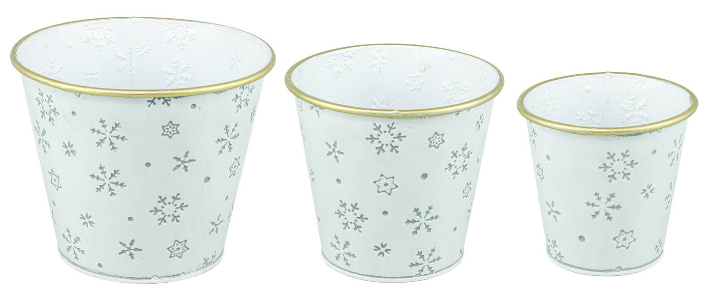 Snowflake Christmas White Planter Pail, Set of 3