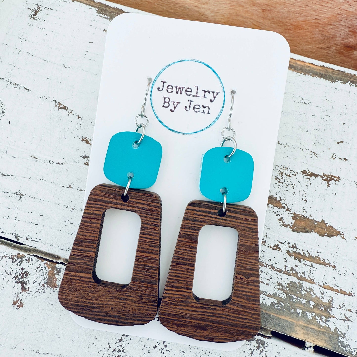 Wood Trapezoid & Turquoise Rounded Square Earrings