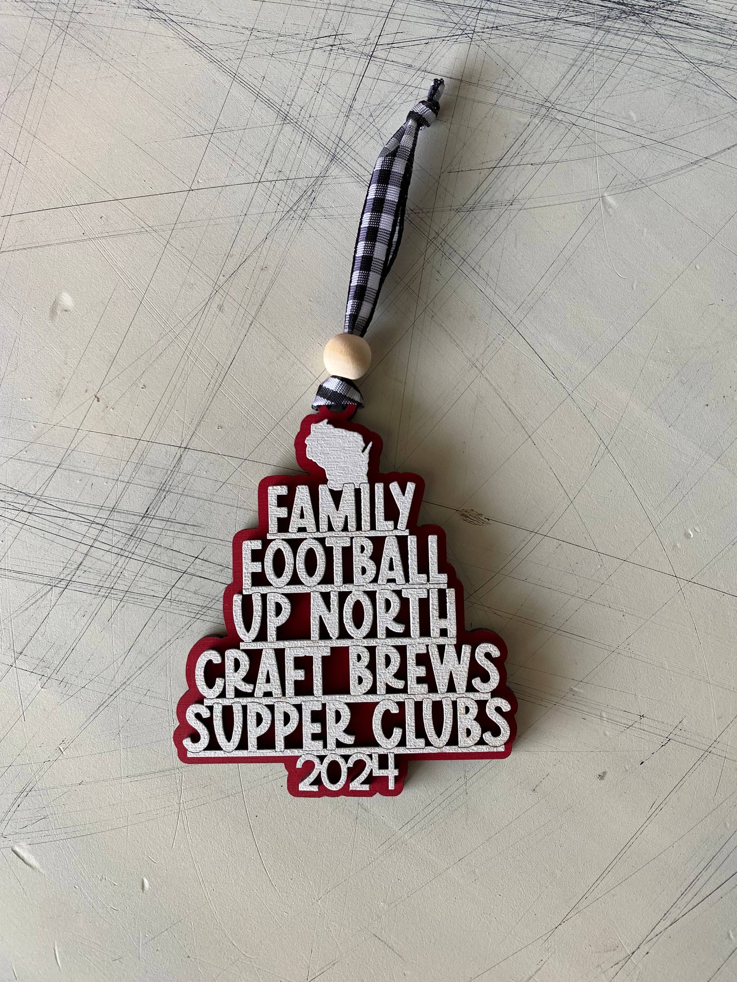 Handmade Wisconsin favorite things word ornament - red