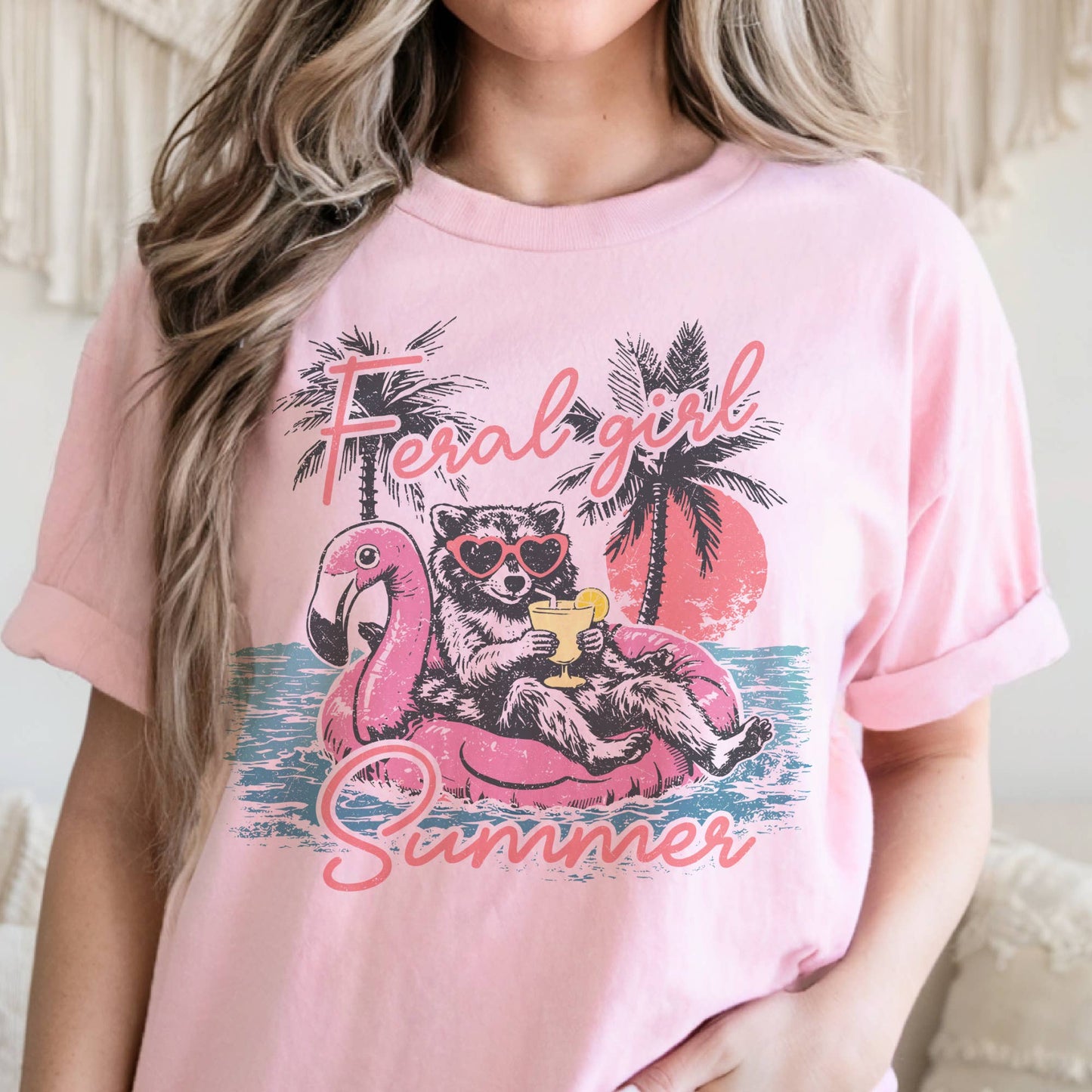 Feral Girl Summer Raccoon Pool Beach Vacation Graphic Tee