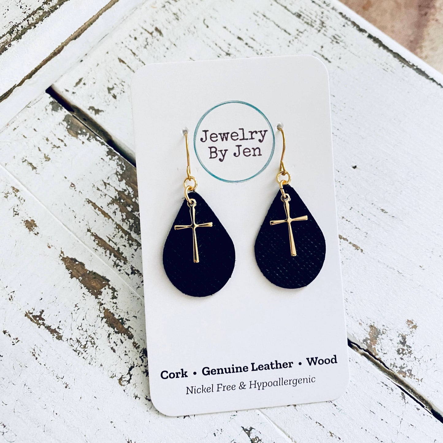 Small Teardrop Earrings: Black w/Gold Cross Charm