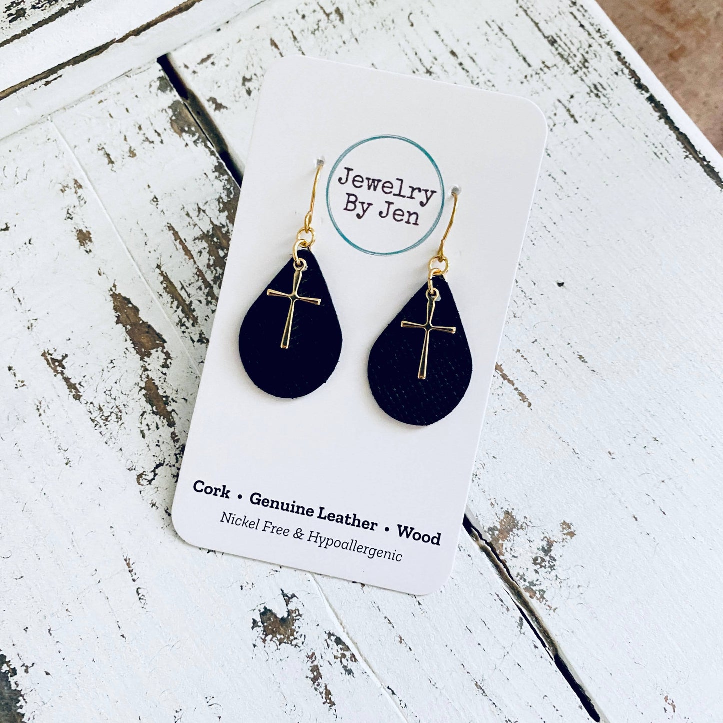 Small Teardrop Earrings: Black w/Gold Cross Charm