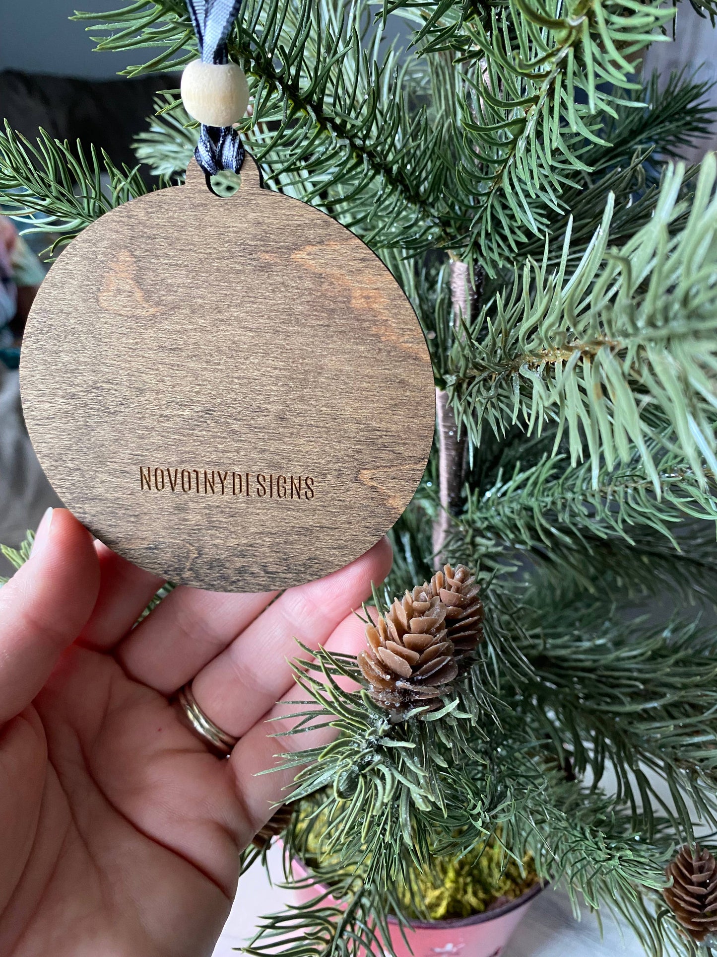 Handmade church scene ornament in mocha and gold