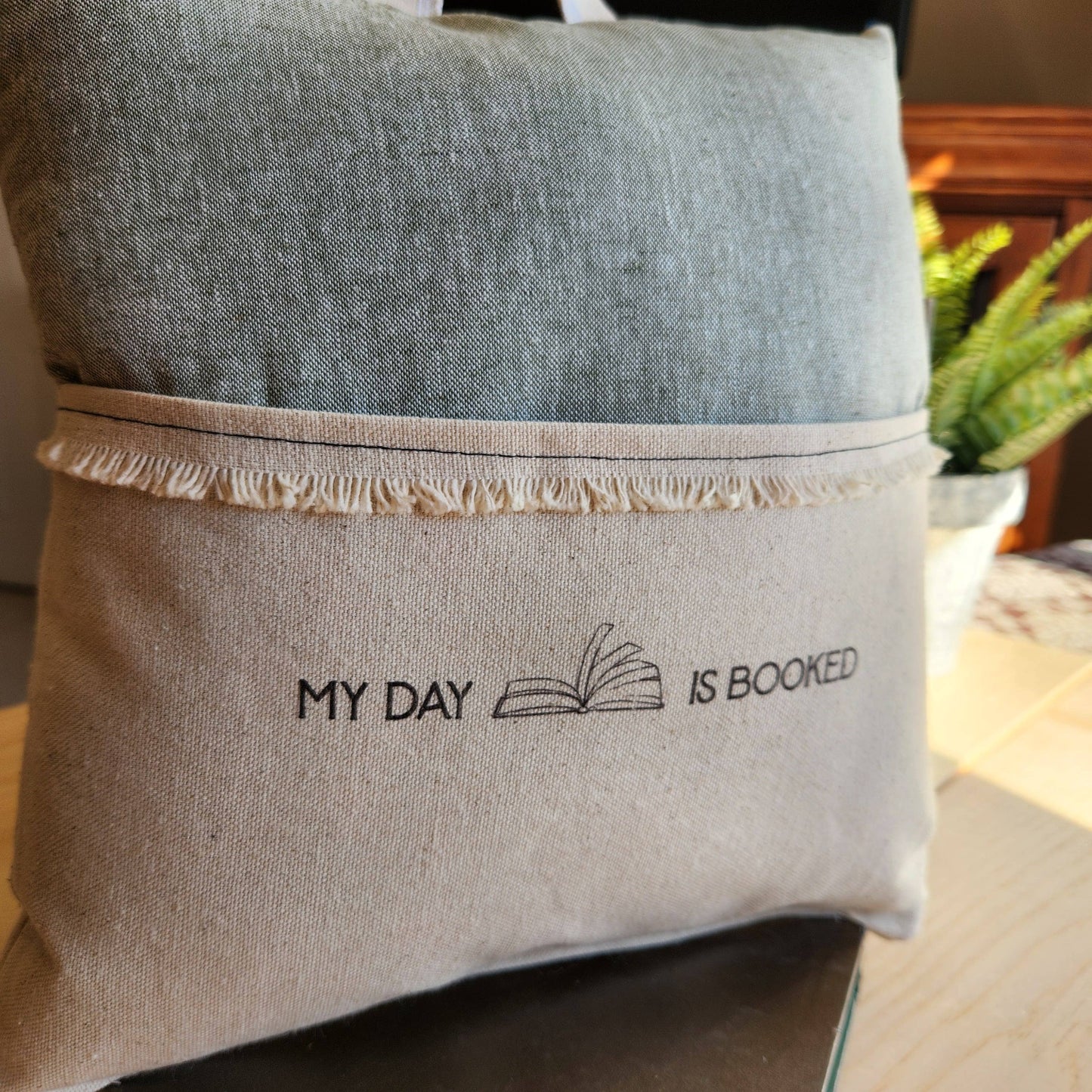 My Day is Booked, Reading Pillow, Tablet Pillow, Green Linen