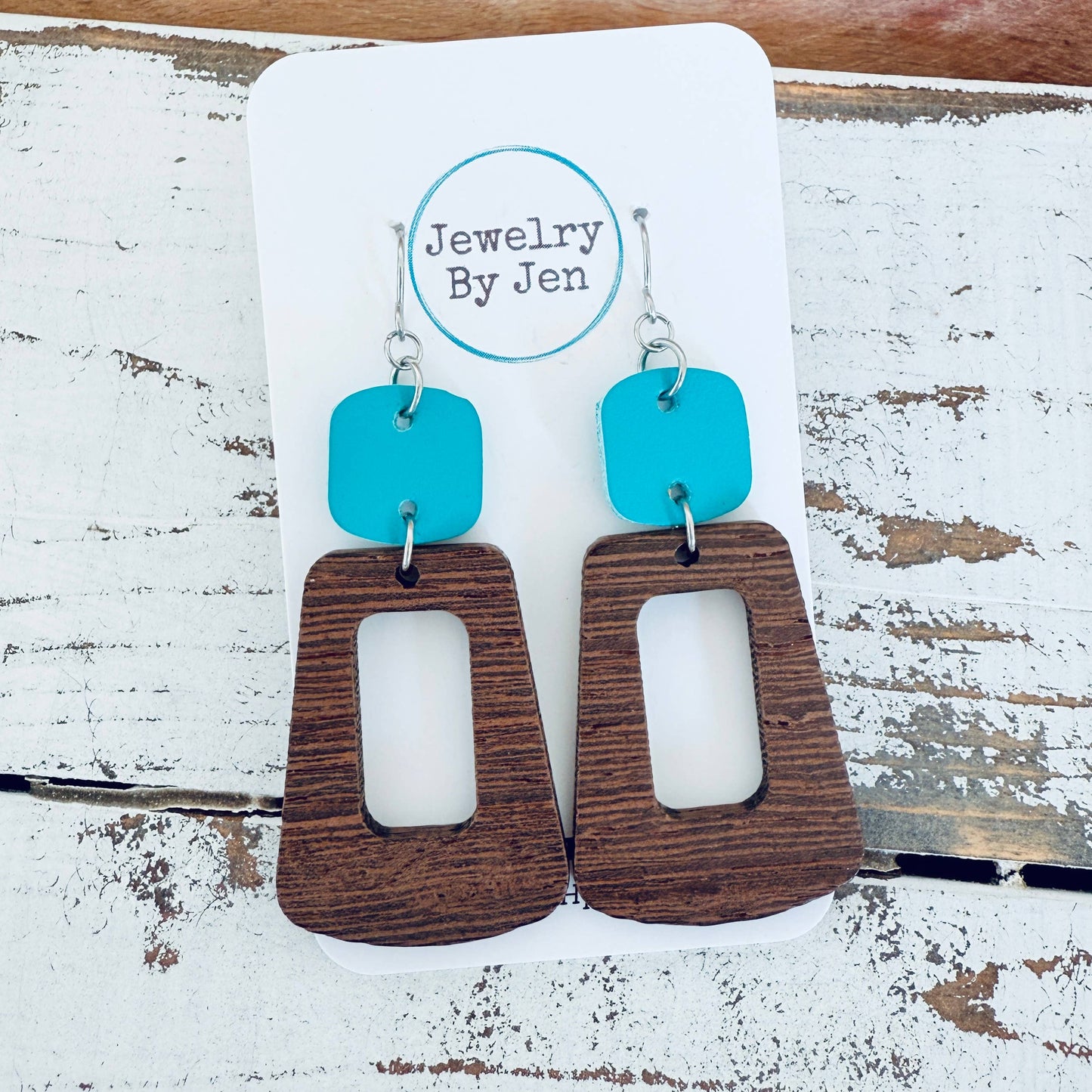 Wood Trapezoid & Turquoise Rounded Square Earrings