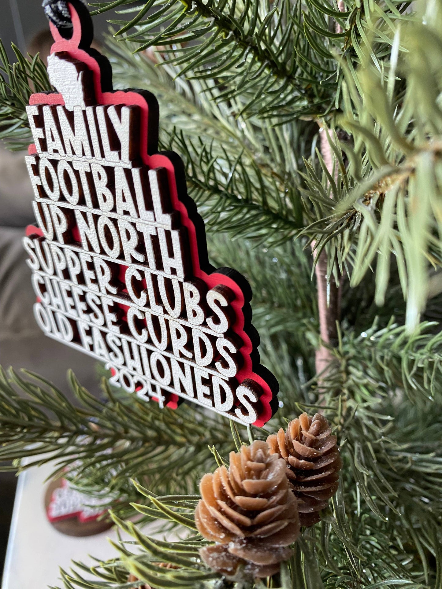 Wisconsin tree-shaped favorite things ornament - red