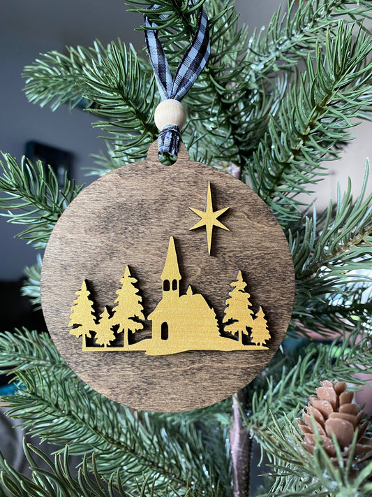 Handmade church scene ornament in mocha and gold