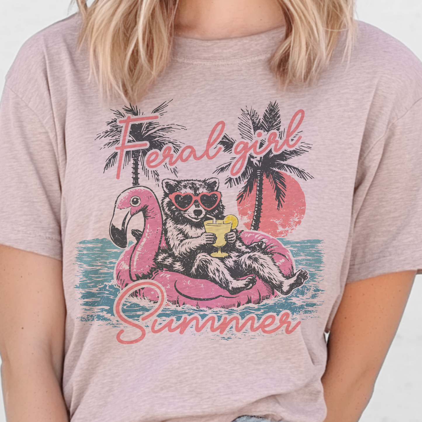 Feral Girl Summer Raccoon Pool Beach Vacation Graphic Tee
