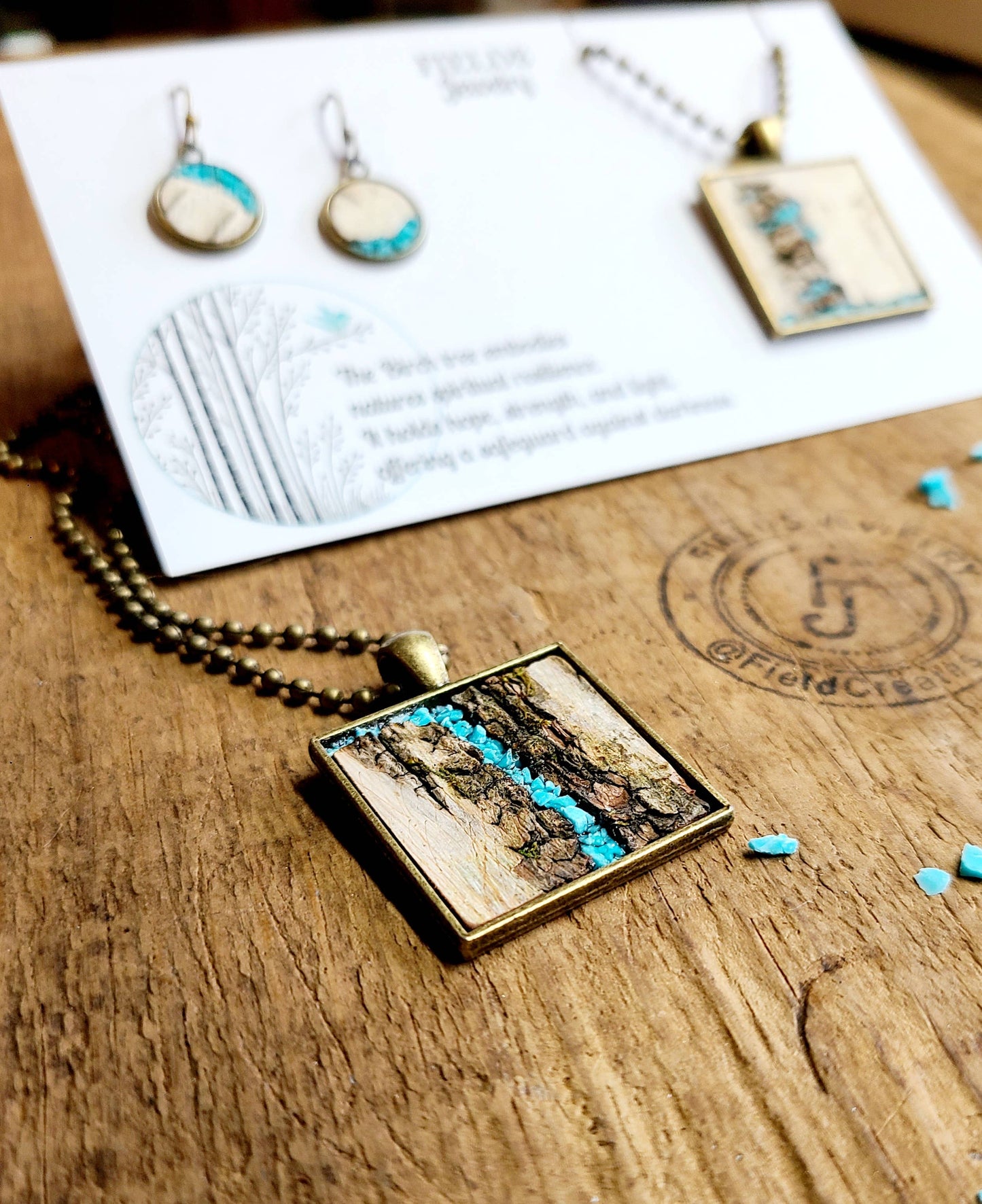 Turquoise Birch Bark Square Necklace Set Botanical Nature