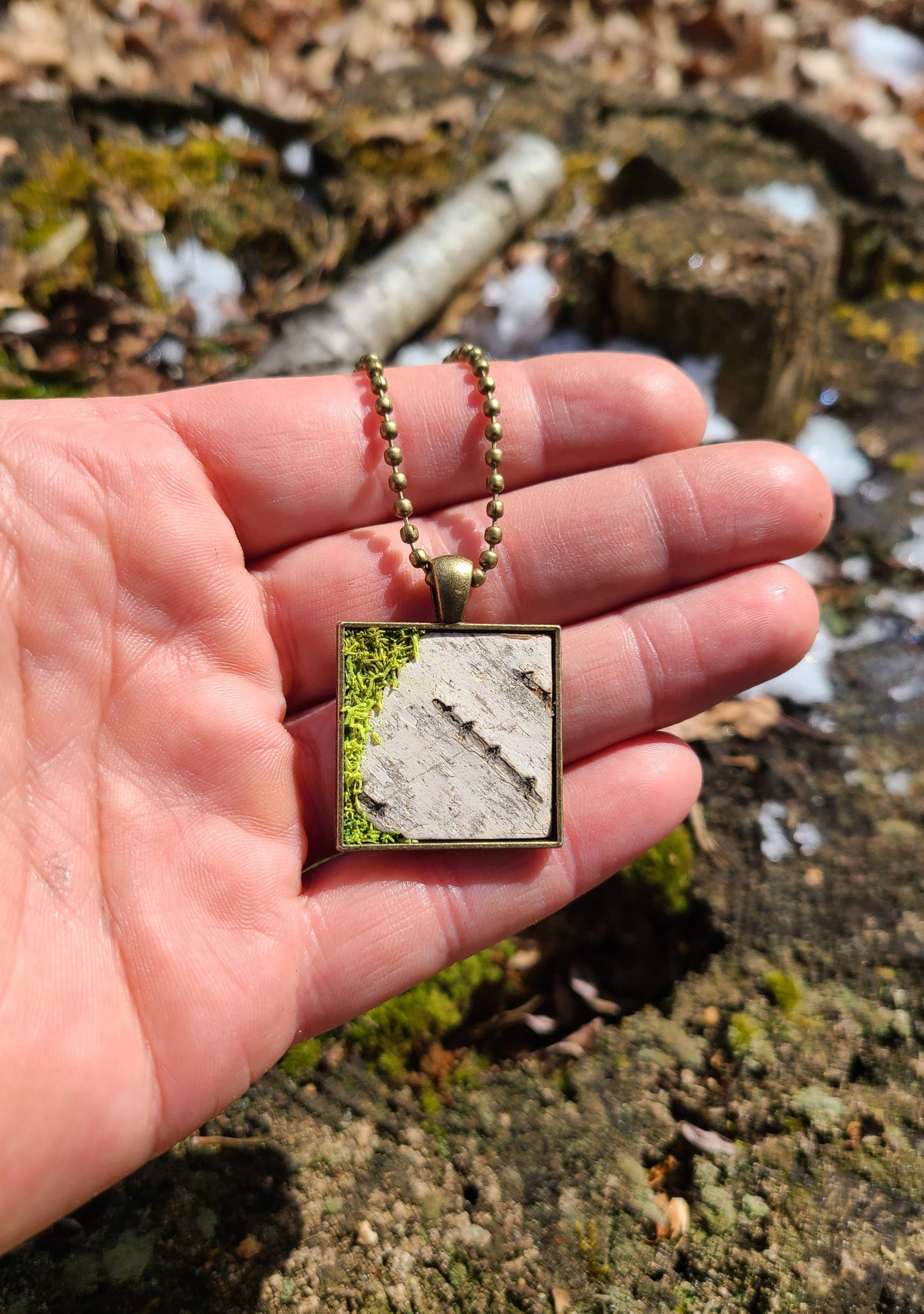 Mossy Birch Bark Square Necklace Earrings Botanical Nature